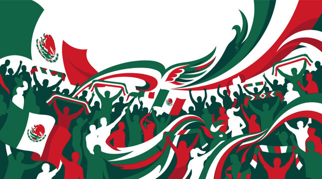 Mexican soccer fans cheering with flags and scarves, celebration background
