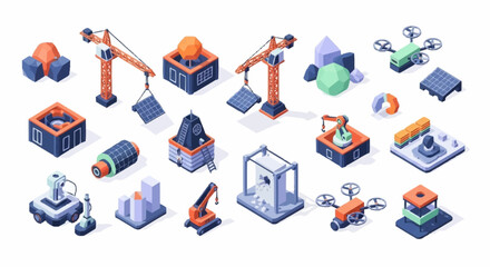 Fototapeta premium Isometric construction and technology elements including cranes, drones, robots, and abstract shapes for design.