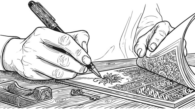 A close-up of a human hand sketching and drawing intricate floral patterns in a notebook with a decorative pen on a wooden desk with a key