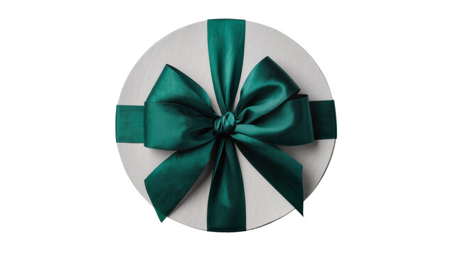 Round gift box with emerald green satin ribbon bow