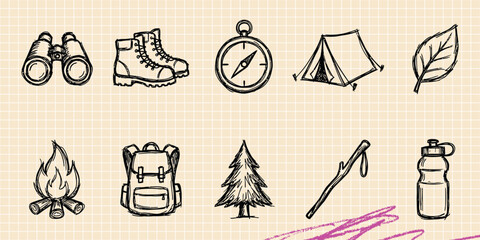 Black ink scribble doodle vector vintage hand drawn set of outdoor camping nature adventure forest hike travel fire and survival tent © Broke Stoke