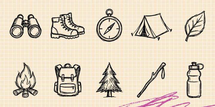 Black ink scribble doodle vector vintage hand drawn set of outdoor camping nature adventure forest hike travel fire and survival tent