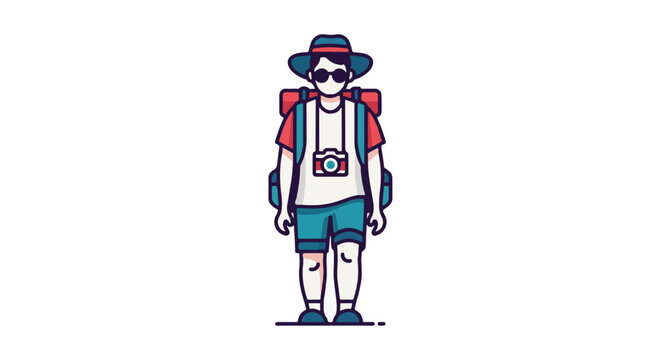 A person in a wide-brimmed hat and sunglasses, carrying a backpack and camera, ready for adventure