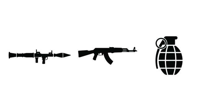 Black silhouettes of rifle, assault rifle and hand grenade Vector