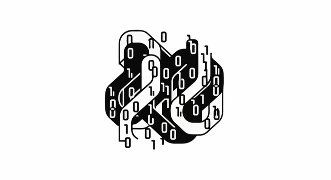 Abstract graphic of intertwined lines with embedded binary code
