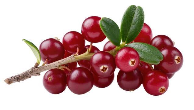 Red cranberries with green leaves on a branch
