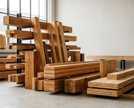 Large Engineered Wooden Beams Stored in a Modern Woodworking Facility