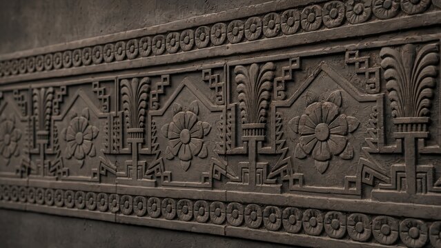 Assyrian bas-relief with symmetrical rosettes and geometric patterns on dark plaster.
