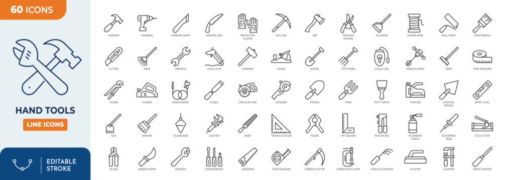 Hand tools icon set. Editable stroke. Vector illustration