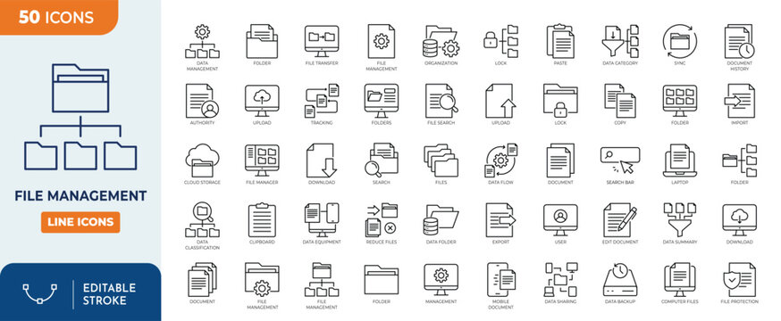File Management icon set. Contain icons related to file, management, Document, folder, organization, archive, storage, and more. Editable stroke. Vector illustration