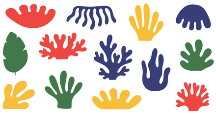 Fototapeta premium A vibrant collection of abstract, colorful marine plant and coral-like shapes in a flat, cut-out style, featuring red, blue, yellow, and green organic forms.