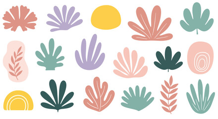 Fototapeta premium Collection of abstract organic plant and leaf shapes in pastel colors, featuring a modern minimalist decorative design.