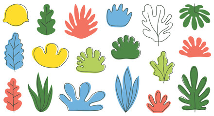 Fototapeta premium Collection of colorful abstract plant and leaf shapes with simple outlines, ideal for graphic design elements and botanical illustrations.
