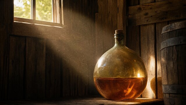 Sunlight through a barn window illuminating a glass demijohn with amber liquid.