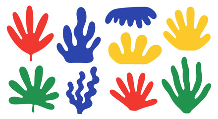 Fototapeta premium Abstract colorful organic shapes in a Matisse-inspired cut-out style, resembling leaves, coral, or seaweed, isolated on a white background.