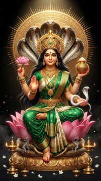 Divine goddess manasa seated on sacred lotus throne with traditional gold ornaments and cobra halo in a serene spiritual atmosphere celebrating prosperity and ancient hindu cultural traditions