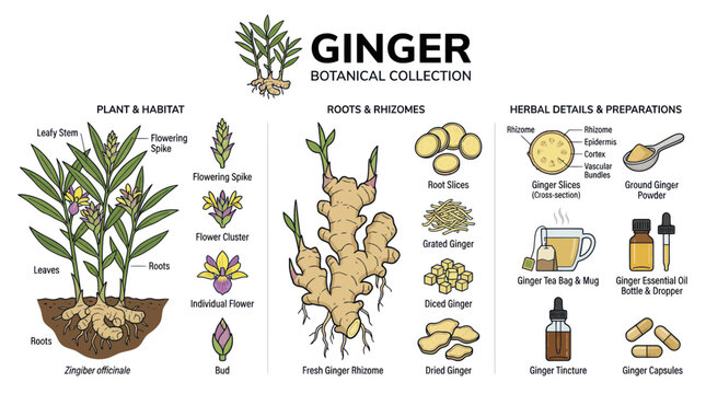 Ginger Botanical Collection: Plant, Roots, Rhizomes, and Preparations