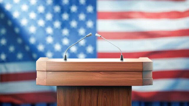 Podium setup with American flag background for speech or event Generative AI