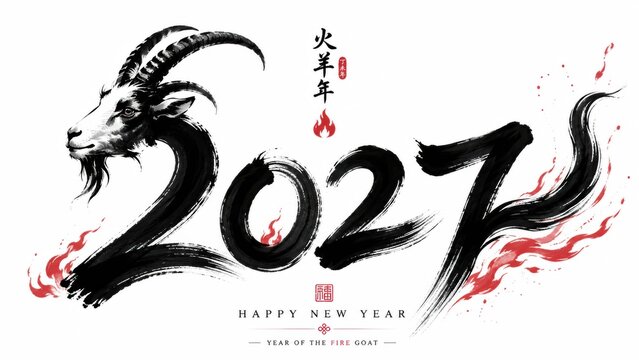 traditional Chinese ink brush 2027 fire goat zodiac illustration with goat head, bold calligraphy typography and red flame accents on white background
