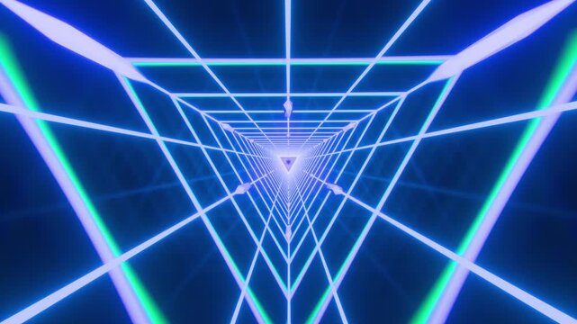 Abstract Neon Triangle Grid Tunnel Futuristic Tech Motion Background. Loopable. 4K
