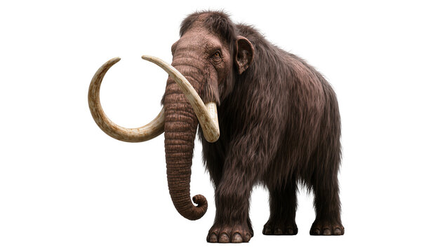 Woolly Mammoth with large curved tusks and shaggy brown fur