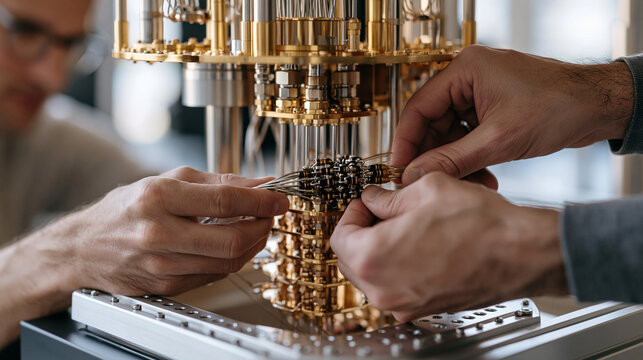 Close up of hands placing a cryogenic coaxial cable harness inside a quantum computer qubit cooling assembly, dilution refrigerator mixing chamber components visible as a