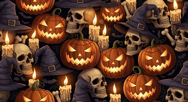 Seamless halloween pattern with spooky pumpkins, skulls, witch hats, and candles