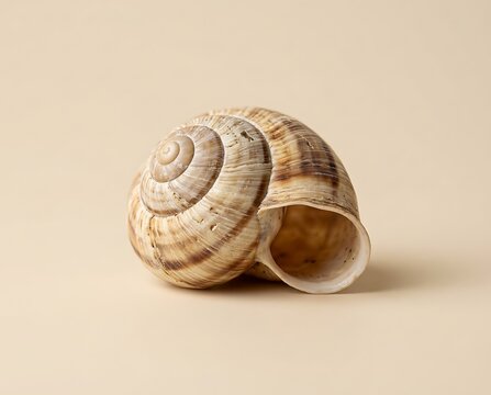 Single empty snail shell with brown stripes on a beige background