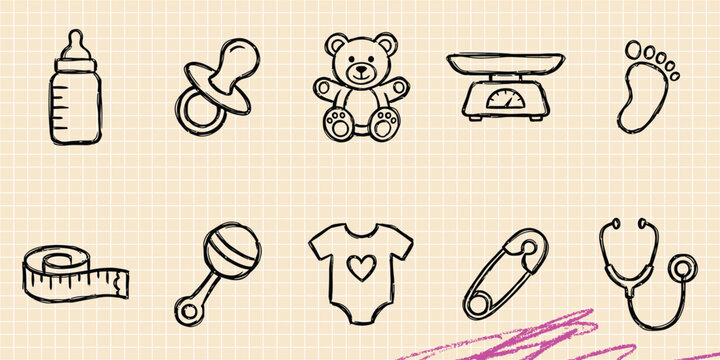 Black ink scribble doodle vector vintage hand drawn set of childhood kids toys baby playtime fun object and kindergarten elements