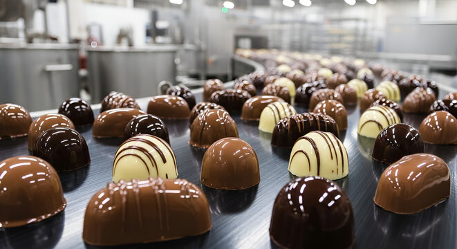 Chocolates on a factory conveyor belt assorted sweets