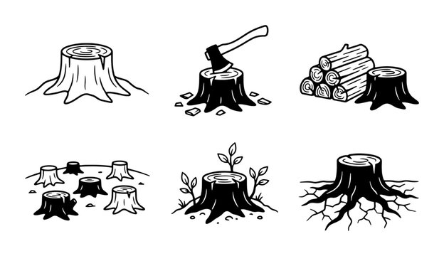 Tree Stump Vector Icons, Woodcutting Scenes, Forest Remnants, Nature Elements