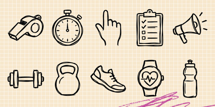 Black ink scribble doodle vector vintage hand drawn set of gym fitness machine workout sport equipment active healthy body and exercise training