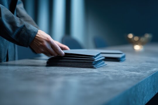 Man in suit placing stack of envelopes on table. Professional preparing business mail or invitation. Corporate correspondence and office administration task. Document processing concept.