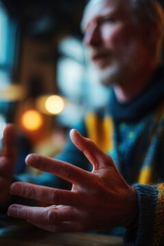 Older man gesturing with hand while speaking in a cafe. Senior gentleman engaged in conversation. Communication, lifestyle and social interaction concept for interpersonal dialogue expression.