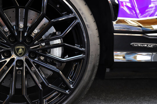 Modena, Italy, may 29 2026 - Motor Valley Fest 2026 public exhibition, Lamborghini Urus SE purple color, alloy wheel detail, luxury sports car