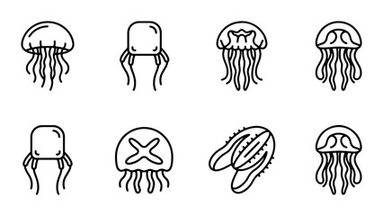 Jellyfish Icons Set, Marine Life Vector Graphics, Ocean Creatures Line Art Collection © Asaduz