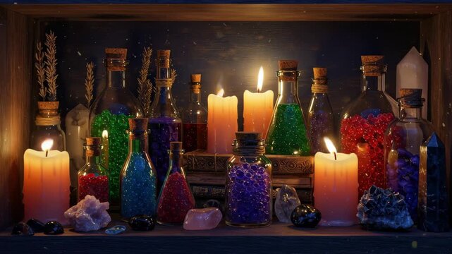 Alchemist shelf with glass bottles filled with glowing liquid and crystals. Magical apothecary cabinet lit by candles for occult ritual and mystical potion study.