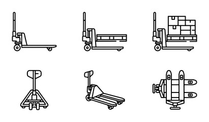 Pallet Jack Icons Set, Warehouse Equipment Vector Graphics, Logistics Transport Tools Collection © Rafiqul