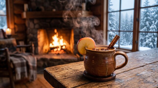 Steaming hot spiced apple cider in a clay mug by a cozy winter cabin fireplace.