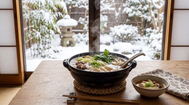 Steaming Japanese donabe hot pot with miso broth by a snowy winter window.