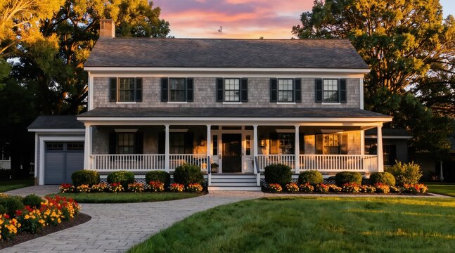 Classic Cape Cod house glows under warm sunset light. Beautiful exterior features wide porch with white railings, manicured lawn plus vibrant flowerbeds. Elegant architecture evokes comfort,