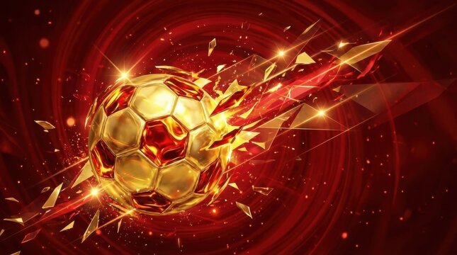 Golden soccer ball exploding with red and gold fragments flying everywhere in a dynamic scene