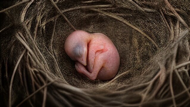 A featherless newborn hatchling curled in an empty nest, soft natural light.