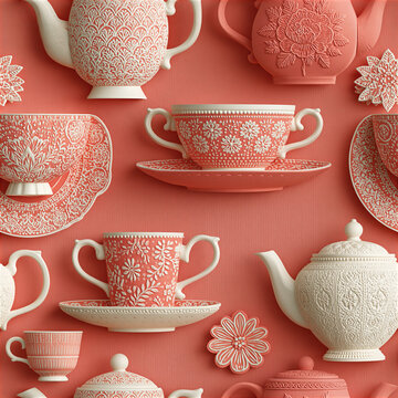 2.5D Embossed Teacup Gift Wrap Seamless Texture