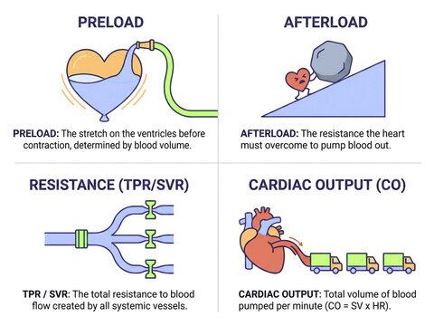 Heart mechanics are depicted through simplified conceptual illustrations representing preload, afterload, systemic resistance, and cardiac output for clear educational and clinical presentation.