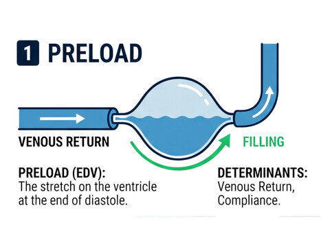 Preload diagram demonstrates the stretching of the heart ventricle at the end of diastole using a balloon model to represent venous return and filling dynamics in this medical infographic.