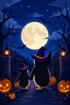 Halloween Wallpaper - Cute Penguins Wearing Witch Hats Trick or Treating on Halloween Night