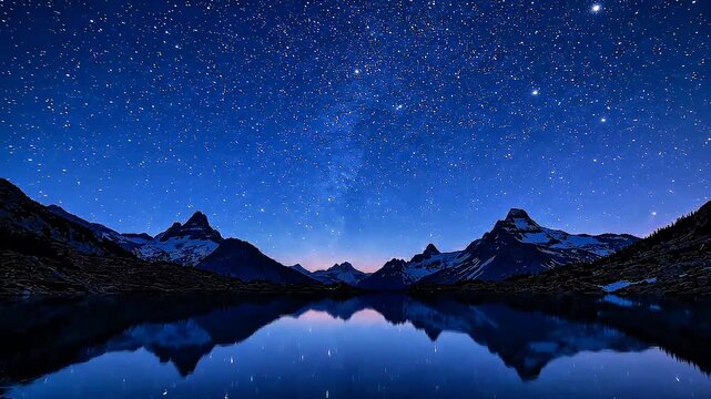 Serene Night Landscape with Starry Sky and Mountain Peaks Reflected in Calm Water