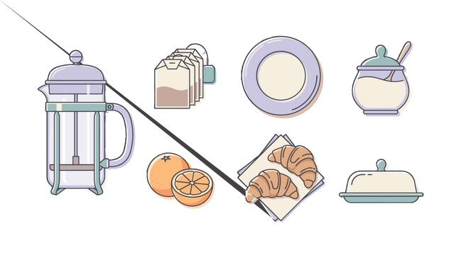 Breakfast tea and pastry icons in pastel outlined vector style