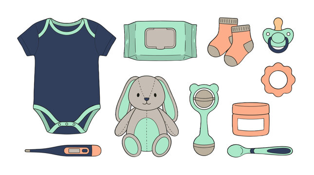 Baby essentials set with bodysuit wipes socks and toys